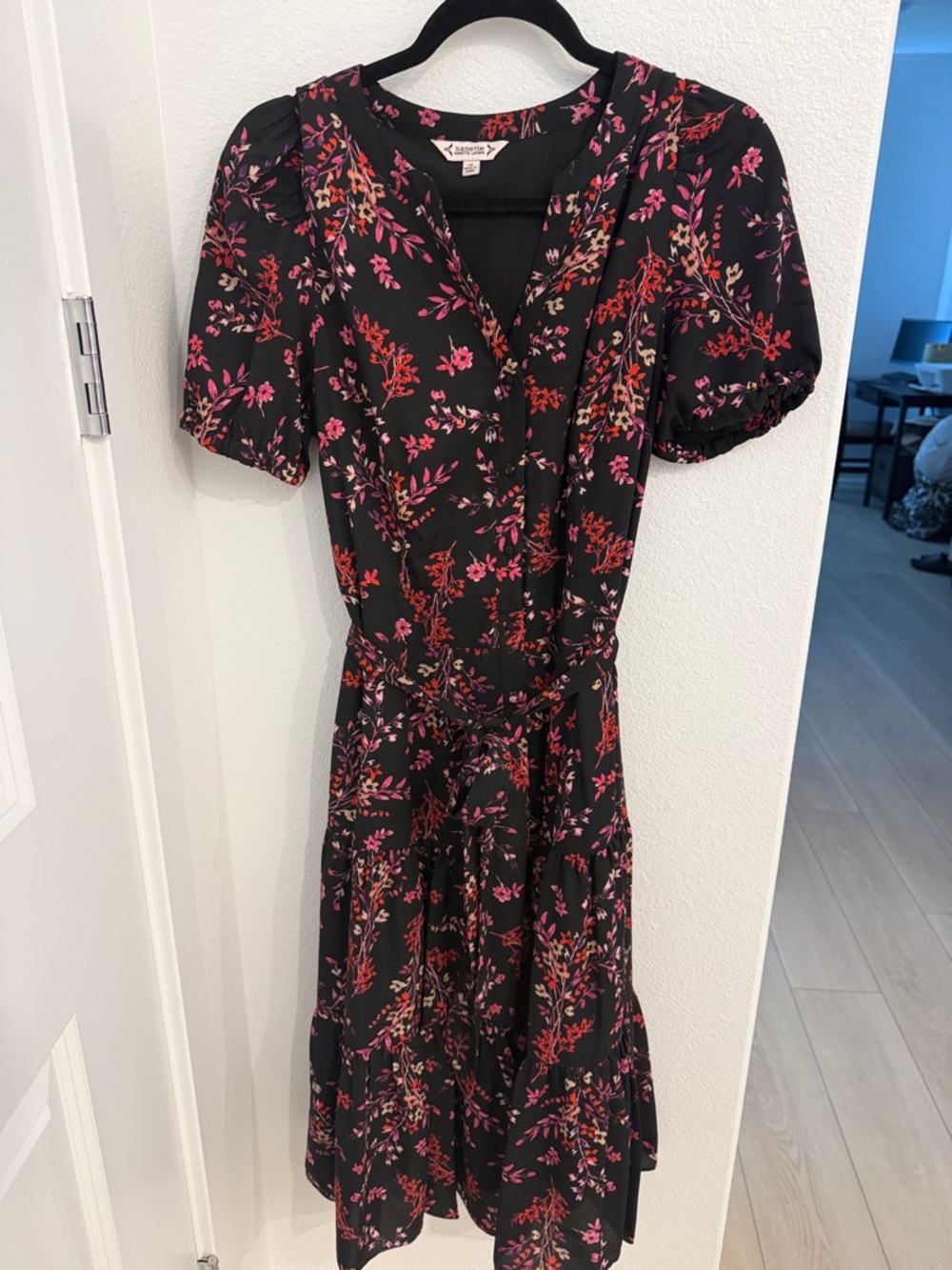 Nanette Lepore Black Midi Dress with Pink & Red Floral Print